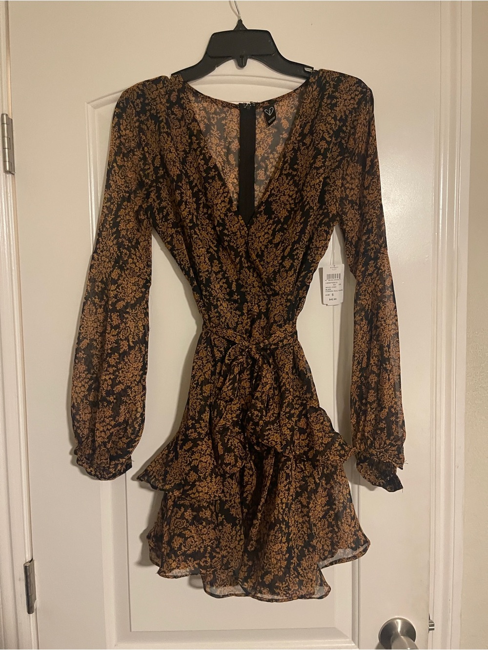 Floral Wrap Mini Dress - Black & Brown
